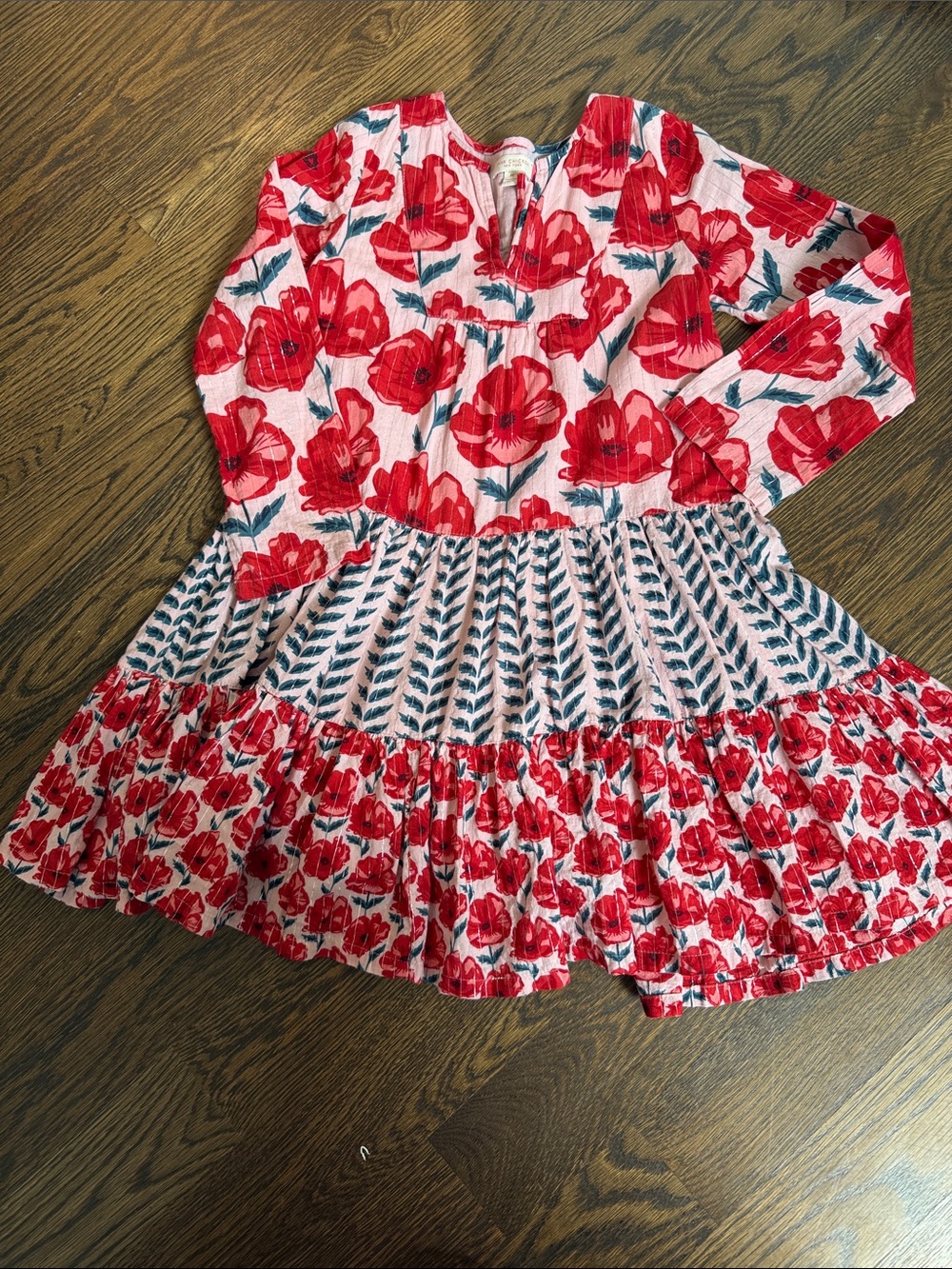 Pink Chicken Red Floral Tiered Long-Sleeve Kids Dress